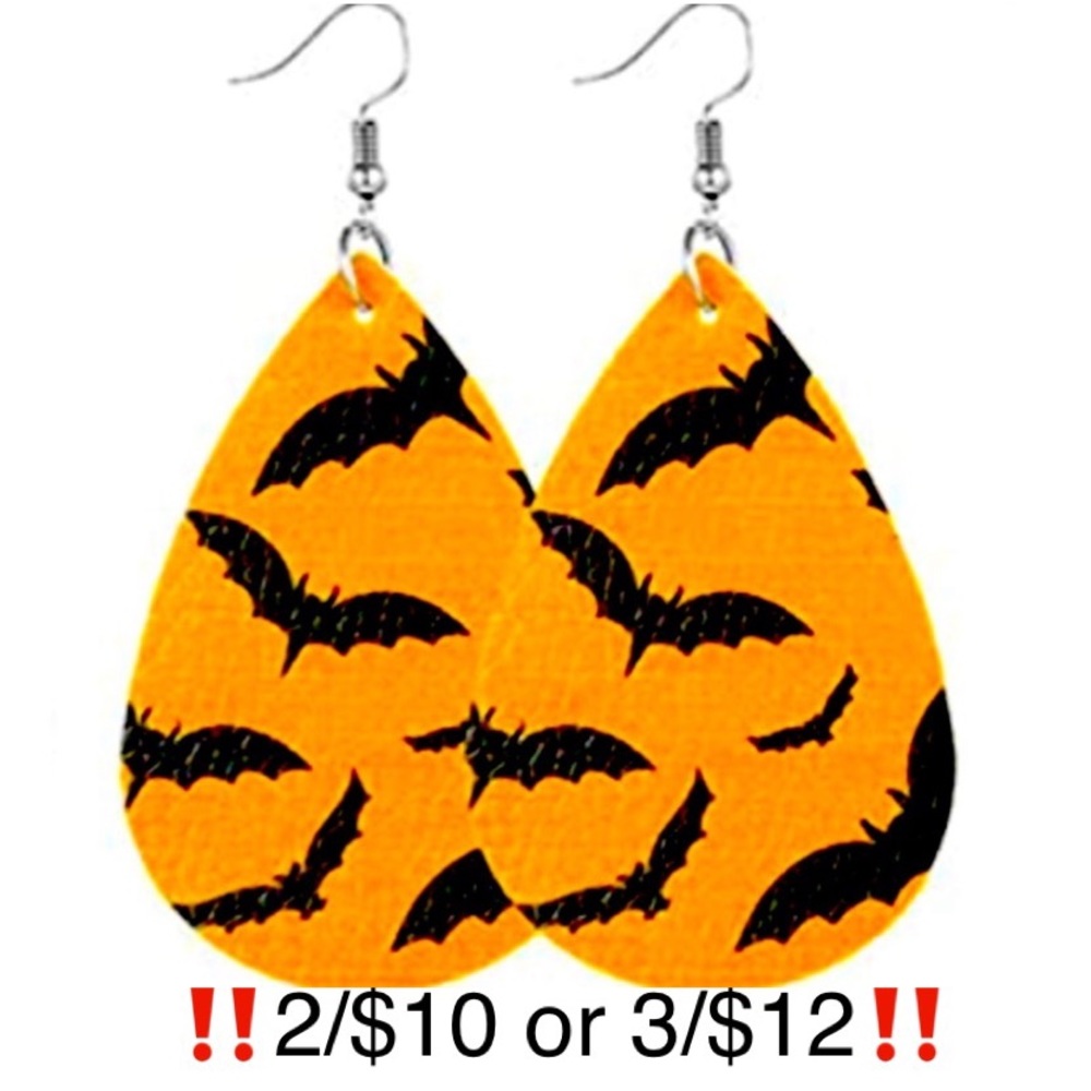 Orange Faux Leather Halloween Bat Earrings